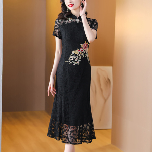 TR34553# 新款改良旗袍优雅蕾丝气质长款夏季显瘦修身黑色 服装批发女装批发服饰货源
