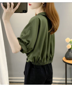 TR25396# 时尚新款短款套头短袖薄款女士衬衫绿色小衫洋气百搭衬衣上衣 服装批发女装服饰货源