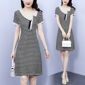 TR22455# 大码女装夏季新款韩版显瘦修身不规则领条纹气质连衣裙 服装批发女装服饰货源