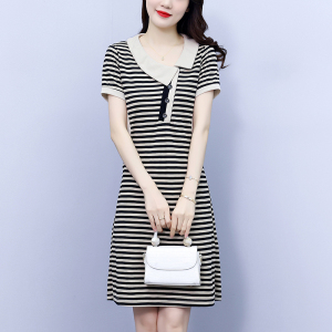 TR22455# 大码女装夏季新款韩版显瘦修身不规则领条纹气质连衣裙 服装批发女装服饰货源