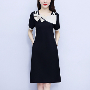 RM7402#大码女装2023夏季新款蝴蝶结撞色设计感修身遮肚显瘦连衣裙