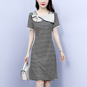 RM7402#大码女装2023夏季新款蝴蝶结撞色设计感修身遮肚显瘦连衣裙