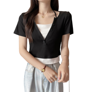 RM9730#夏季新款韩版纯欲挂脖假两件设计感短袖撞色T恤女上衣