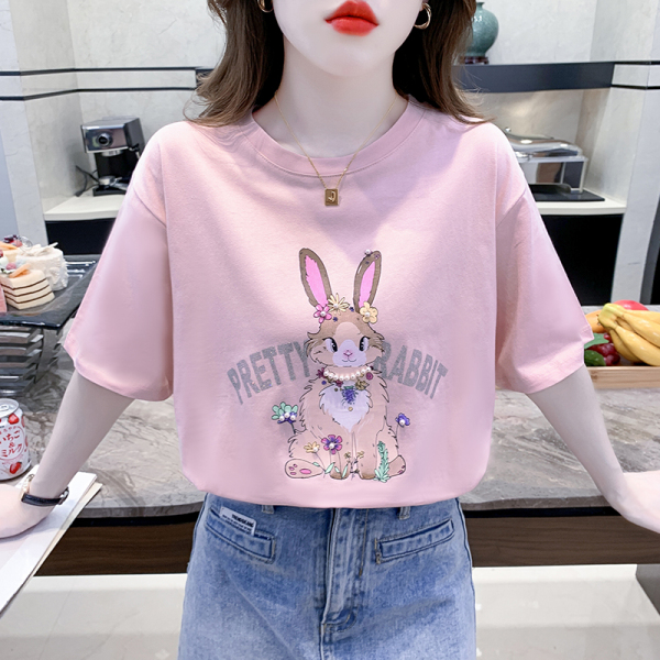 RM7246#时尚彩色花朵卡通兔子钉珠字母短袖T恤夏季休闲上衣