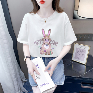 RM7246#时尚彩色花朵卡通兔子钉珠字母短袖T恤夏季休闲上衣