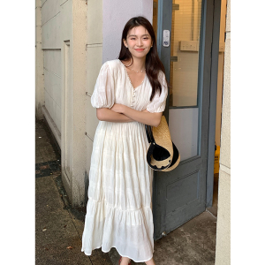RM10780#夏季新款法式优雅纯色花边领压褶裙子短袖雪纺连衣裙女