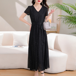 RM10609#夏季新款女装时尚超修身显瘦气质黑色V领高腰通勤连衣裙长裙