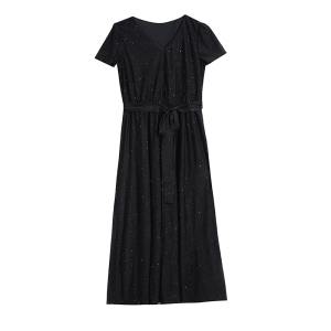 RM10609#夏季新款女装时尚超修身显瘦气质黑色V领高腰通勤连衣裙长裙