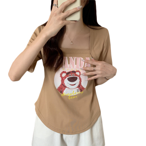 TR22362# 大码方领短袖T恤女夏季辣妹纯欲设计感小众上衣女 服装批发女装服饰货源
