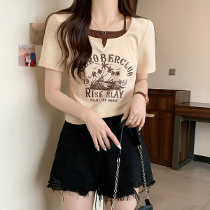RM14082#夏季新款辣妹纯欲风短袖t恤女设计感小众短款假两件上衣