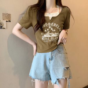 RM14082#夏季新款辣妹纯欲风短袖t恤女设计感小众短款假两件上衣