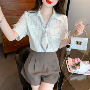 RM7193#夏季新款简约POLO领丝带雪纺衬衫韩版条纹短袖时尚小衫