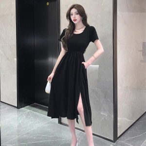 2023 Summer New Style Temperament Round Neck Split Dress Design Sense Small Black Dress