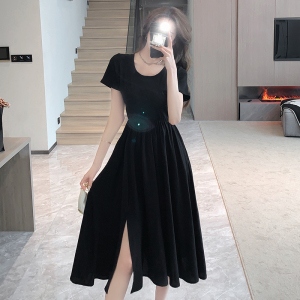 2023 Summer New Style Temperament Round Neck Split Dress Design Sense Small Black Dress