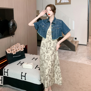 TR22422# 韩版设计感毛边牛仔短袖外套法式复古水墨吊带裙两件套 服装批发女装服饰货源