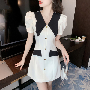 RM13265#夏季新款时尚拼接黑白小香风修身气质A字连衣裙