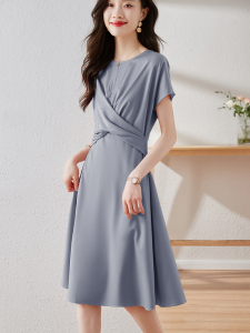 RM9526#醋酸缎面短袖连衣裙2023夏季气质显瘦洋气遮肚纯色女