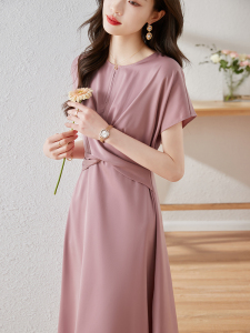 RM9526#醋酸缎面短袖连衣裙2023夏季气质显瘦洋气遮肚纯色女