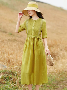 RM7715#纯苎麻连衣裙女显瘦2023夏季薄款新款减龄棉麻设计感裙子