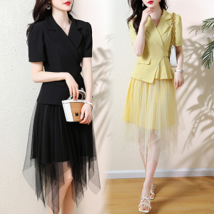 RM7359#夏季大码女装时尚显瘦西服+仙气网纱半身裙裙两件套装