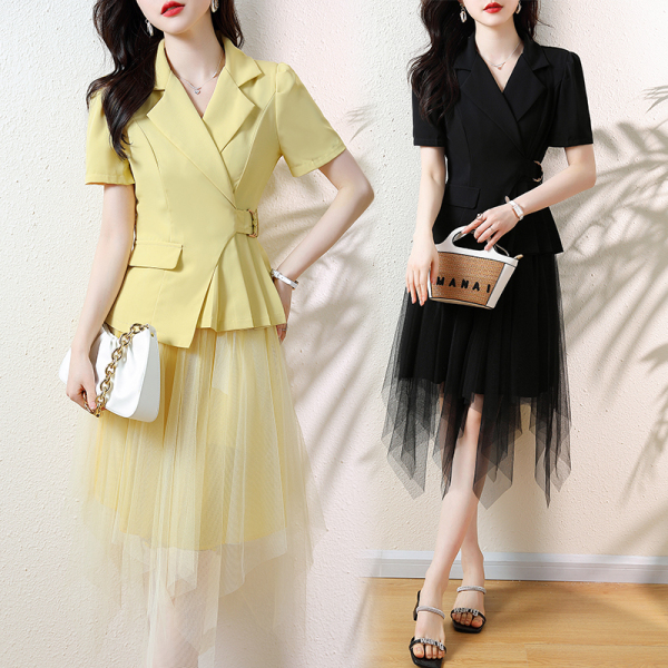 RM7359#夏季大码女装时尚显瘦西服+仙气网纱半身裙裙两件套装