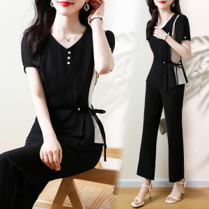 RM7361#春夏夏季新款套装大码女装时尚减龄短袖9分裤两件套