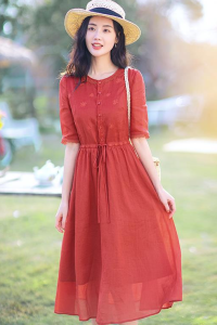 RM7716#夏季高端红色文艺气质棉麻连衣裙女夏高级感收腰显瘦苎麻裙子