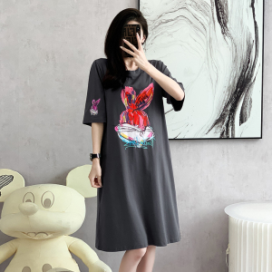 RM10597#中长款T恤裙印花兔子大码连衣裙女