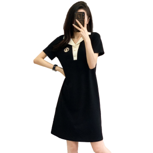 RM12187#法式POLO领连衣裙女夏季宽松遮肉显瘦短袖休闲裙子