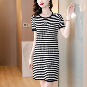RM9670#短袖连衣裙女2023年夏季新款条纹显瘦休闲通勤裙子小个子