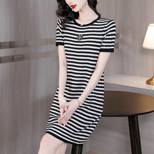 RM9670#短袖连衣裙女2023年夏季新款条纹显瘦休闲通勤裙子小个子