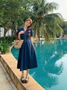 RM15005#夏季薄款牛仔裙女法式复古衬衫连衣裙2023年新款通勤显瘦长裙气质