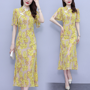 RM19378#改良旗袍夏款2023年新款春夏年轻款短袖时尚碎花雪纺连衣裙长款