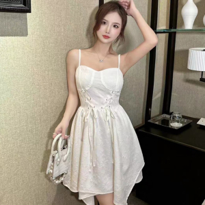 Real Time Tea Break French First Love White Strap Dress Women's Lace Up Waist Sexy Spicy Girl Short Skirt Summer