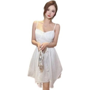Real Time Tea Break French First Love White Strap Dress Women's Lace Up Waist Sexy Spicy Girl Short Skirt Summer