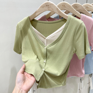 RM8551#v领t恤女短袖修身夏季假两件别致露脐短款上衣女设计感