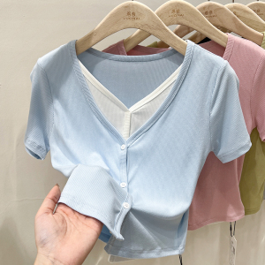RM8551#v领t恤女短袖修身夏季假两件别致露脐短款上衣女设计感