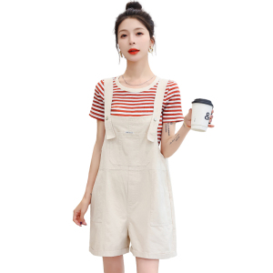 RM12195#时尚套装女韩版条纹洋气T恤夏季新款小个子减龄背带短款两件套