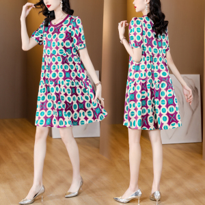 RM10464#桑蚕丝气质裙子2023年夏季新款波点印花宽松短袖真丝连衣裙小个子