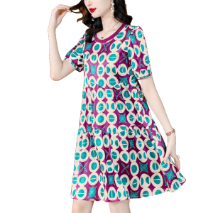 RM10464#桑蚕丝气质裙子2023年夏季新款波点印花宽松短袖真丝连衣裙小个子