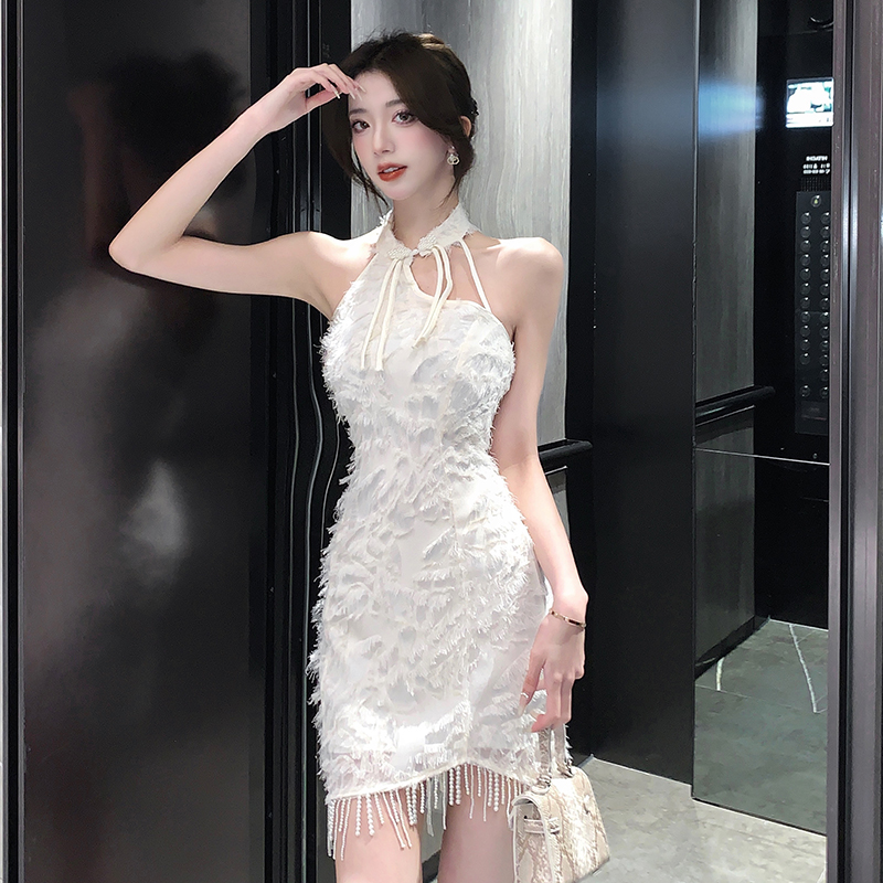 實拍新中式連衣裙女夏季辣妹絕美流蘇改良旗袍無袖包臀短裙子