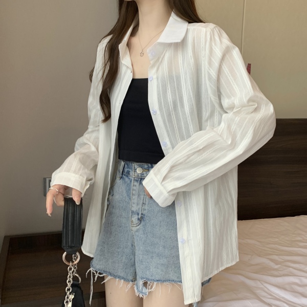 RM7520#纯棉法式防晒长袖白衬衫夏季女士设计感小众衬衣外套宽松上衣