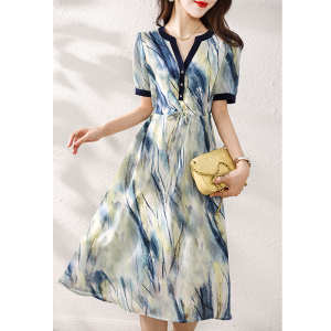 TR24859# 法式艺术印花连衣裙夏季新款气质收腰显瘦V领A字裙有里布