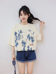 TR25393# 夏装韩版宽松涂鸦印花中长款大码短袖T恤女 服装批发女装服饰货源