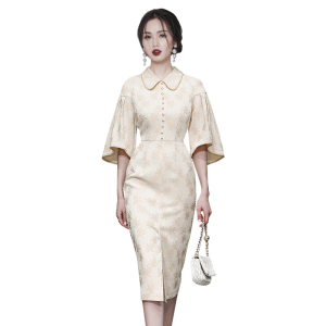 RM8102#夏季新款淑女翻领喇叭袖收腰前开衩裙摆优雅气质连衣裙