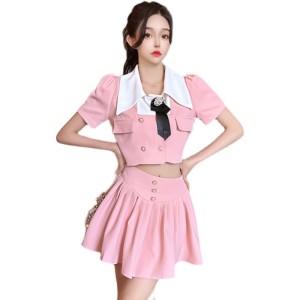 Real time temperament small fragrance set， summer new high-end short sleeved top， pleated short skirt， two-piece set， sm