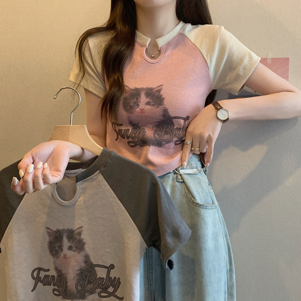 RM10337#夏季新款设计感美式小奶猫短款t恤女修身长袖上衣