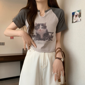 RM10337#夏季新款设计感美式小奶猫短款t恤女修身长袖上衣