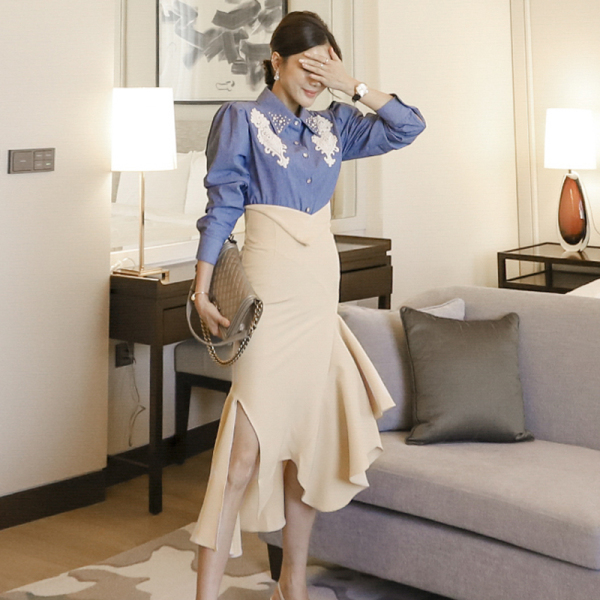 RM10143#韩版气质牛仔钉珠衬衫上衣收腰包臀荷叶边裙套装女