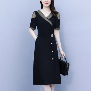 RM8705#重工烫钻西装领2023年夏季新款气质洋气显瘦遮肚裙子简约连衣裙